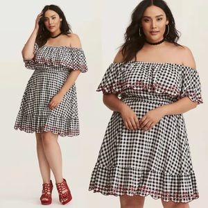 Torrid Black and White Plaid Ruffle Shoulder Dress with Floral Embroidered Trim